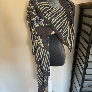 Preowned Antik Batik Floral and Stripe Scarf/Wrap, Gray, Royal Blue, Cream